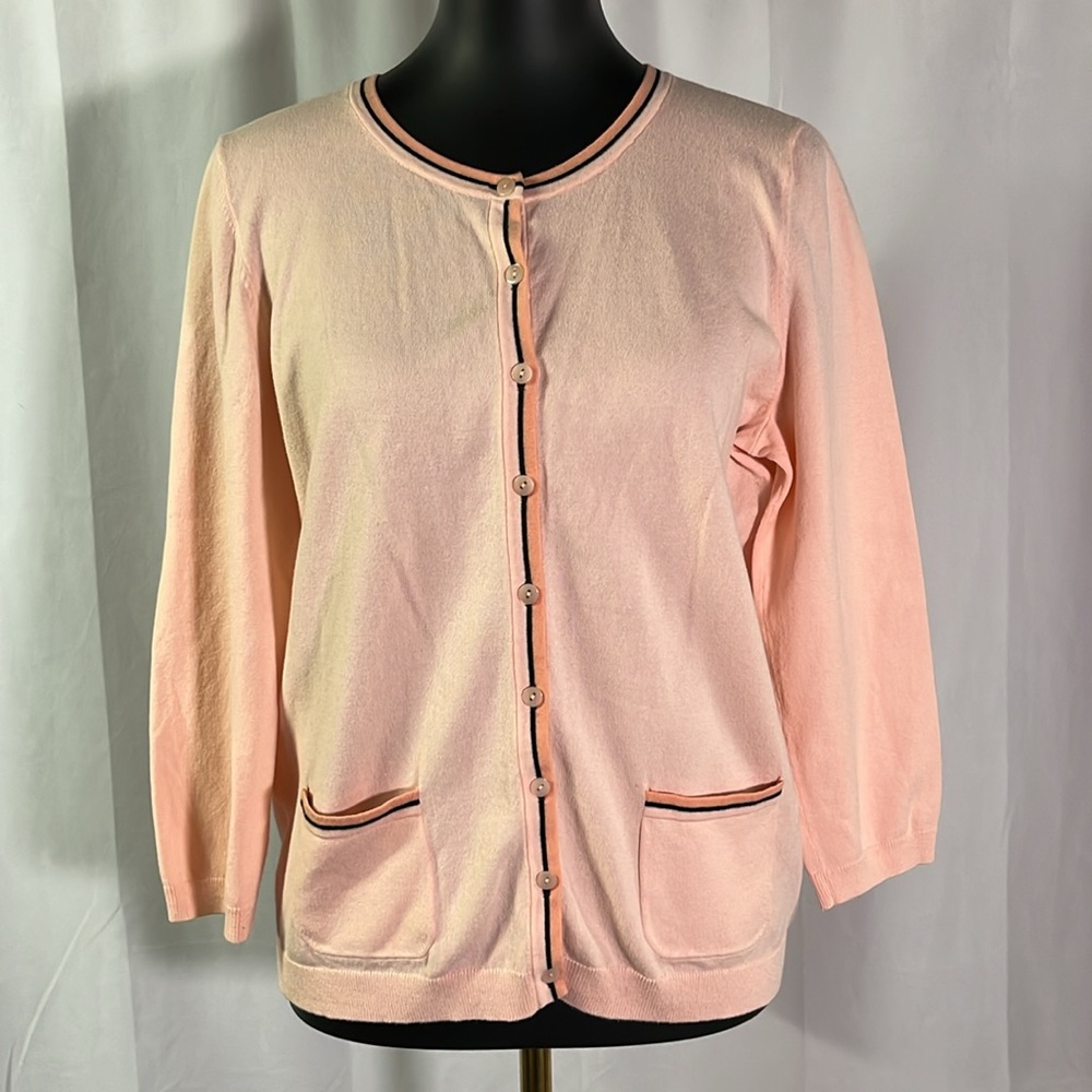 Talbots Light Pink & Navy 3/4 Sleeve Button Front Cotton Cardigan